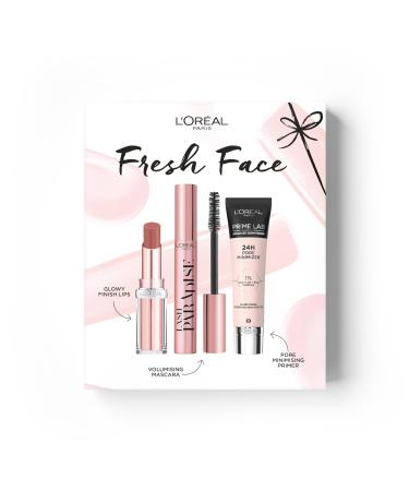 L'Or al Paris Fresh Face Trio Gift Set Prime Lab 24H Pore Minimiser Primer Hydrating Balm-In-Lipstick In 191 Nude Heaven & Lash Paradise Mascara Enriched With Lash-Loving Castor Oil Set L'Or al Paris Fresh Face Trio Gift Set