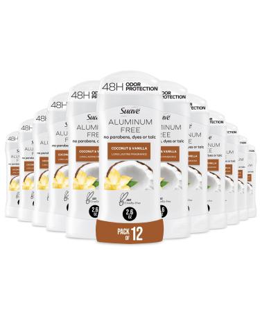 Suave Aluminum Free Deodorant for Women Coconut & Vanilla 48-Hour Odor Protection Free of Talc Parabens & Dyes 2.6 oz (Pack of 12)