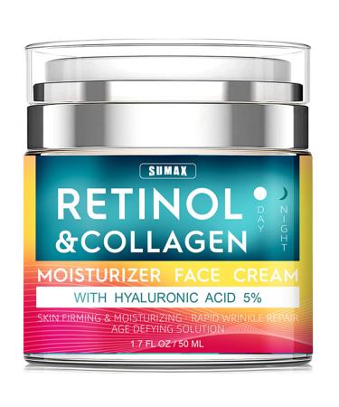 Retinol Cream for Face with Hyaluronic Acid Day-Night Anti-Aging Moisturizer for Women Men Collagen Cream for Face Reduces Wrinkles Dryness 1.78 Oz