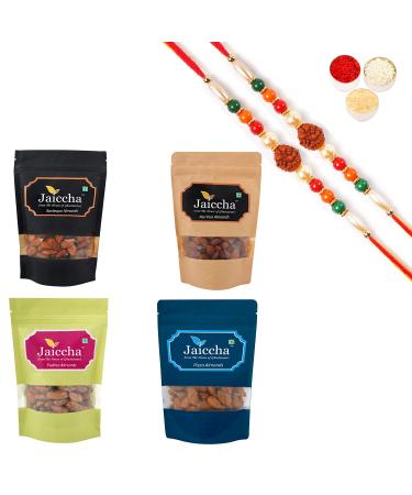 Jaiccha Ghasitaram Rakhi Gifts for Brothers Rakhi Dryfruits - Pack of 4 Pizza Peri Peri Pudina Barbeque Almonds Pouches Small 400 GMS with 2 Rudraksh rakhis