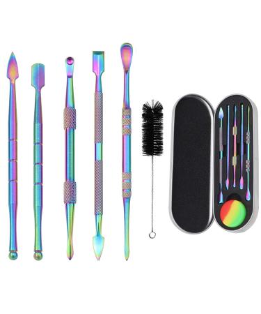 Yullmu 5-Piece Wax Carving Tool Rainbow Stainless Steel Tools with 5ml Silicone Container and 1 Cleaning Brush
