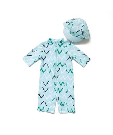 BONVERANO Baby Boys Swimsuit Toddler Bathing Suit Short-Sleeve Zipper One Piece Swimwear with UPF 50+ Sun Protection 12-18 Months Wave