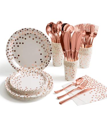 175 Pieces Rose Gold Party Supplies - Rose Gold Dot on White Paper Plates and Napkins Cups Silverware Serves 25 Sets for Wedding Bridal Shower Engagement Birthday Parties White and Rose Gold