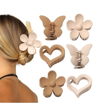Butterfly Hair Claw Clip 6 Pcs Cute Flower Hair Clips Matte Large Claw Clips for Women Thick Hair Claw Non Slip Heart Clips for Thin Hair Clamps Butterfly Clips (Butterfly/flower/heart (light coffee/light brown)