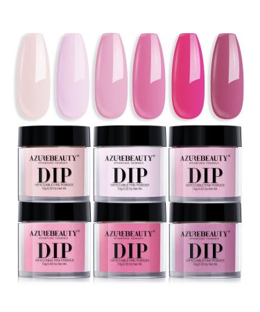 AZUREBEAUTY Pink Dip Powder Nail Set, 6 Colors Light/Hot Pink Cherry Blossom Matte&Glossy Shades Dipping Powder Starter Kit, French Nail Art Manicure DIY Salon, No Need Nail Lamp Cured