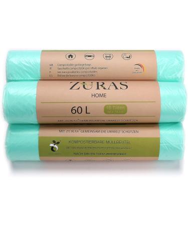 Zuras 60L Organic Waste Bags - 75 Compostable & Biodegradable Garbage Bags | Tear-Resistant Waterproof DIN EN 13432 Certified - Buy Online on SooperMarket.com