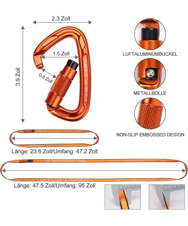 Karabiner Climbing Equipment Set - 2 UIAA Certified 25kN Auto Locking Carabiners + 2 23kN Nylon Ropes for Climbing Mountaineering & Hiking - Durable Orange & Black 4-Part Kit - Buy Online on SooperMarket.com
