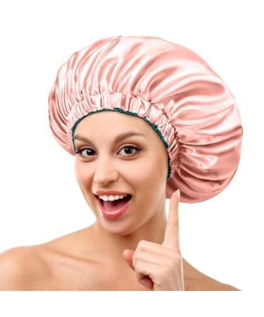 Mikimini satin hood for sleeping 2 pieces green + pink silk hood for women with long curly hair turnable double-layer sleep-hair hood extra large stretchy sleeping hair cap XL (2-pack) pink/green