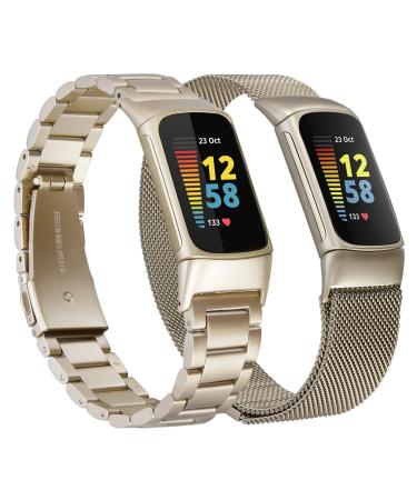 KOREDA Compatible with Fitbit Charge 5 Bands Sets 2 Pack Stainless Steel Metal Band + Mesh Woven Magnetic Wristband Replacement for Fitbit Charge 5 Advanced Fitness & Health Tracker (Champaign Gold)