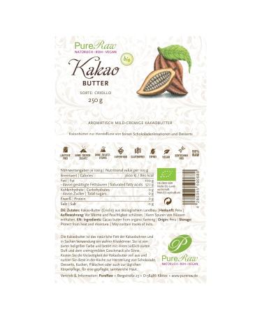 Organic Cocoa Butter for Chocolate & Cosmetics - Pureeraw 250g Vegan White Chocolate Sugar-Free Premium Quality - Buy Online on SooperMarket.com