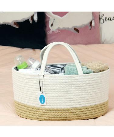 Casaphoria Large Baby Diaper Caddy Organizer - Nursery Storage Bin for Boys & Girls | Car Organizer - Cotton Rope Basket Portable Bag | Baby Shower Gift (White/Yellow 15.5 x10 x7) - Buy Online on SooperMarket.com