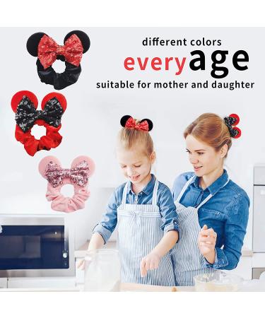 Mouse Ears Sequin Velvet Hair Scrunchies Set - Black, Red, Pink - Buy Online on SooperMarket.com