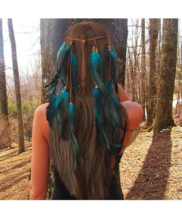 CAKURE Boho Feather Headband - Handmade Indian Gypsy Costume Hair Accessories in Blue - Hippie Festival Headdress (Type A) - Buy Online on SooperMarket.com