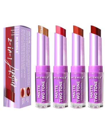 Gireatick 4pcs Two-tone Lipstick set 3 Matte + 1 Glitter Silky Texture Velvet Lipstick 2 in 1 Lipstick and Lip Liner for Long Lasting Bitten Lip-look Lip Makeup