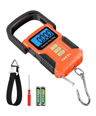 HEETA Waterproof Fishing Scale, Digital Fish Scale 110lb/50kg with Memory Function, Portable Hanging Luggage Scale with Fluorescent Button, 40 Ruler, Backlit LCD Display- Weight Scale Orange