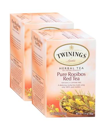 Twinings of London Pure Rooibos Herbal Red Tea, Nutty Taste, Naturally Sweet Flavor, Crimson Tea Color, Hand-Selected Tea Leaves, Individually Wrapped Tea Bags (Pack of 2 - 40 Tea Bags Total)