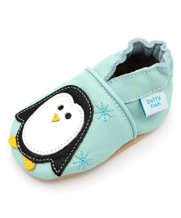 Dotty Fish Soft Leather Baby Shoes for Boys. Toddler Shoes. Non Slip. Animal Designs for Boys and Girls. 0-6 Months - 4-5 Years 3-4 Years Minty Blue Penguin