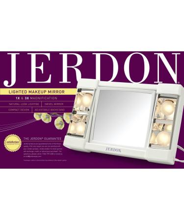 Jerdon Two-Sided Makeup Mirror with Lights - 3X Magnification, Glare-Free Lighting, White Base - Model J1010 - Buy Online on SooperMarket.com