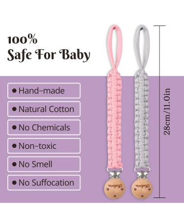 Handmade Braided Cotton Pacifier Clips for Boys & Girls - 11 Inch Holder with Wooden Clips | Fits All Pacifiers & Teething Toys | 3 Pack (PlumGrayPink) - Buy Online on SooperMarket.com