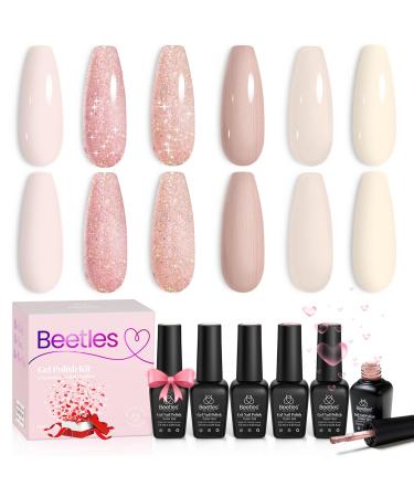Beetles Gel Polish Nail Set 6 Colors Old Money Collection Glitter Gel Nail Kit Nude Jelly Transparent Soak Off UV LED Manicure Kit for Women Girls A-Old Money