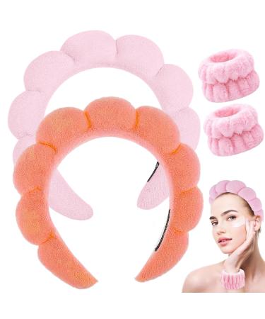 Spa Headband for Washing Face Makeup Headband Bubble Skincare Headbands with Face Wash Wristbands Terry Cloth Headband Soft Puffy Headband for Women Gifts Pink+Orange