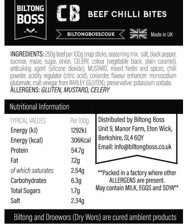 Biltong Boss Chilli Bites (Snap Sticks) - High Protein Snack for Paleo, Keto, Atkins Diets - 200g - Buy Online on SooperMarket.com