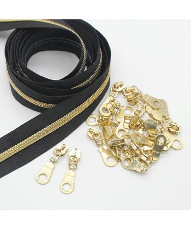 Leekayer 5 Gold Metallic Nylon Coil Zippers by The Yard Bulk 10 Yards Black Tape with 25pcs Gold Sliders for DIY Sewing Tailor Craft Bag(Black) Black-gold