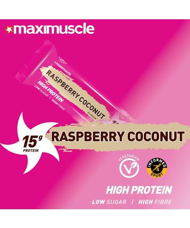 Maximuscle Protein Bars | High Fibre Low Sugar Healthy Snacks with 15g of Protein & Under 175 Calories per Serving | Raspberry Coconut 12 x 45g - Buy Online on SooperMarket.com
