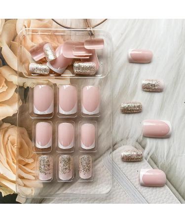 Glitter Acrylic French Tip Press On Nails - Square False Nails with Cute Designs - Medium White Full Cover Stick On Nails for Women - Manicure Decoration - Style 6 - Buy Online on SooperMarket.com