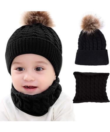 CheChury Toddler Hat and Scarf Set Baby Warm Knit Pom Beanie Cap with Circle Loop Scarf Neckwarmer 1-3 Years #1 Black