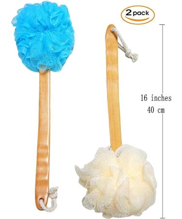 2-Pack Exfoliating Shower Loofah Body & Back Scrubber with Long Wooden Handle - Bath Brush On a Stick for Easy Reach - For Men & Women - Buy Online on SooperMarket.com