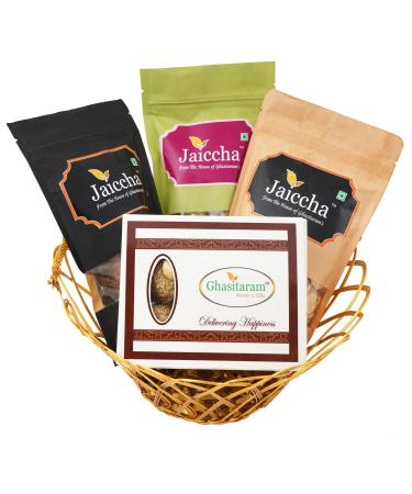 Ghasitaram Gifts Jaiccha Lohri Sweets Golden Basket of Til Gachak Lohri Khajoor Gud Rewadi and Mawa Til Laddoo (Bhuga)|Gift for Diwali Holi Rakhi Valentine Christmas Birthday Anniversary Her Him|