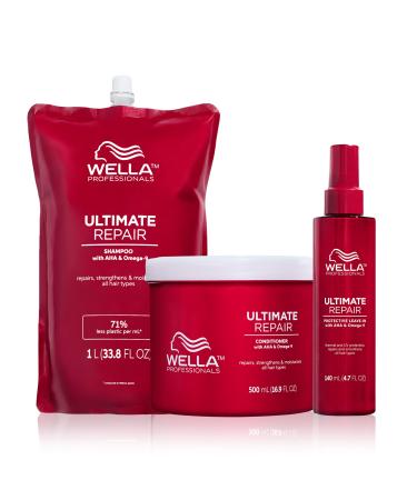 Wella Professionals Ultimate Repair Shampoo for deep cleaning-Repairing Shampoo with Metal Purifier technology against pollutants-Moisture shampoo with luxurious fragrance-1 l bag shampoo 1l conditioner 500ml spray cure 140ml