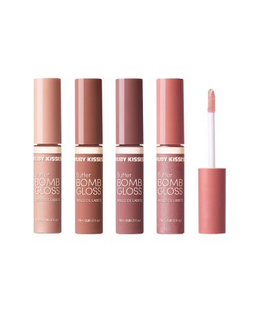Ruby Kisses Lip Gloss Butter Bomb Gloss Non-Sticky Lip Gloss Vitamin E Natural Nude Lip Makeup- 7.8mL (0.26 US fl.oz) (Champagne, Warm Hug, Flirty, Pilowtalk) #Value Set 2