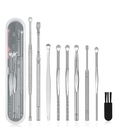 9 Pcs Ear Pick Earwax Removal Kit Ear Cleansing Tool Set Ear wax Removal Tool Ear Curette Ear Wax Remover Tool with a Cleaning Brush and Storage Box Medical Grade for Children and Adults Silver