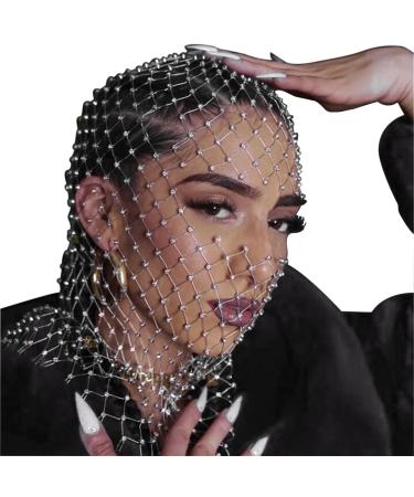 Crystal Mesh Mask Mesh Rhinestone Headband Face Veil Headband Fishnet Headpiece Crystal Nightclub Headwrap White