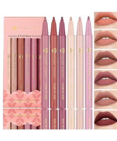 YOUNG VISION 6-Pc Liquid Lipstick & Lipliner Set Lip Stain Tint Collection - Gourd-Shaped Durable Easy Glide Nude Matte Shades Lip Contour/Lipliner Application Gift for Women