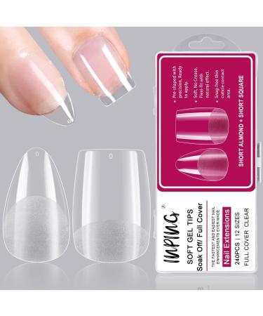 INPING Soft Gel Full Cover Nail Tips 240PCS 12 Sizes Short Nail Tips French Acrylic Fake Nails Pre-Shaped Mix Artificial Clear Gel Extensions with Box for Manicure Salons Nail Art ALMOND & SQUARE 240pcs Short(Almond+Square)