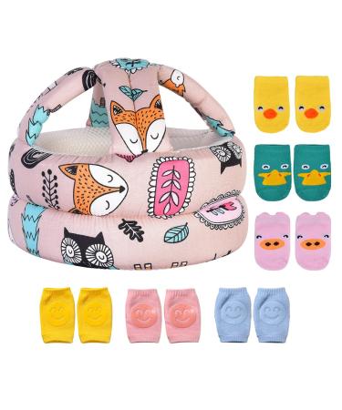 Umtiti Baby Adjustable Safety Helmet, Lightweight and Soft, Infant Head Protector with 3 Pairs Baby Knee Pads for Crawling & 3 Pairs Baby Socks, Soft Head Guard for Baby. Forest,Pink+6