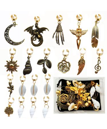 19 PCS Adjustable Hair Cuffs & Charms for Braids | Gold Hair Jewelry Set | Sun Moon Pterosaur Wing Shell Rose Leaf Hair Pendants | DIY Dreadlock Accessories - Buy Online on SooperMarket.com