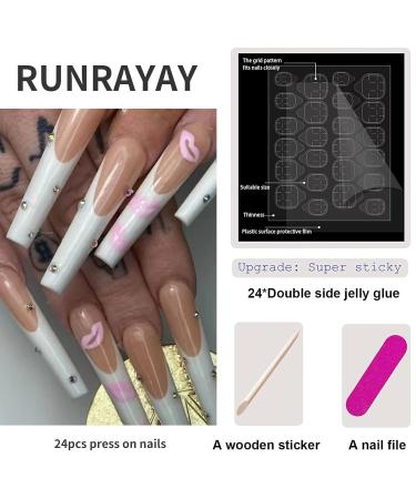 Runrayay Long Artificial Nails - Press-On Acrylic Tips in White Pink & Nude | Ballet-French Style with Nail Stones for Women & Girls - Buy Online on SooperMarket.com