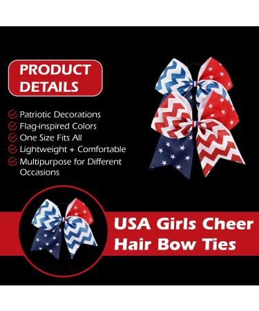 USA Red White Blue Glitter Cheer Hair Bow Ties - America Flag Ribbons with Elastic Tie (Red Wave) - Buy Online on SooperMarket.com