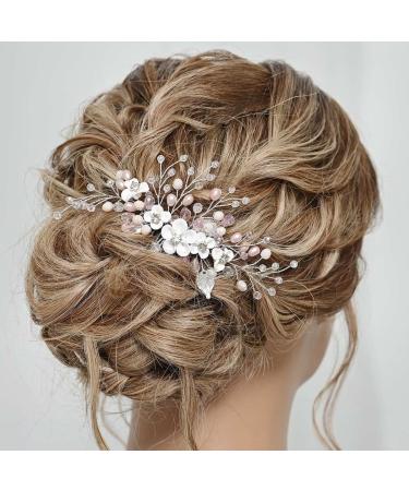 Gorais Flower Bride Wedding Hair Comb Silver Rhinestone Bridal Hair Piece Pink Pearl Opal Hair Accessories for Women and Girls