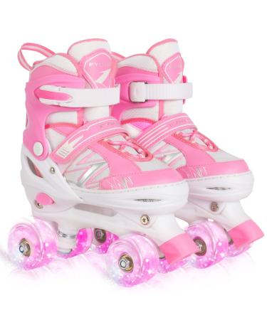 Kids Roller Skates for Girls Child Beginner Toddlers, 4 Sizes Adjustable Roller Skates with Light up Wheels for Toddlers Children, patines para nias patins  roulettes Enfants Filles Pink Extra Small(7C-10C)
