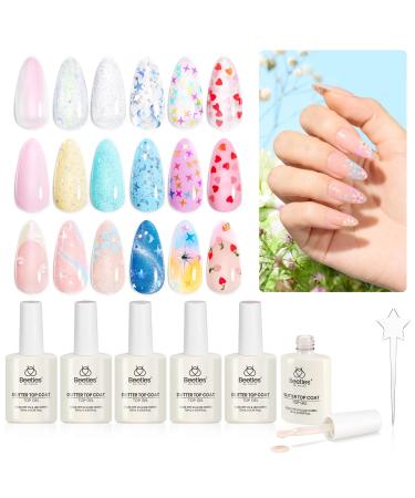 beetles Gel Polish 6Pcs Heart Star Reflective Glitter Gel Top Coat Set Clear Pink Color Pastel Gel Nail Polish No Wipe Top Coat Long Lasting Highly Shine Soak Off Uv Gel Art