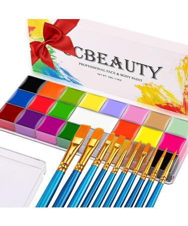 CCbeauty Professional Face Body Paint 22 Colors(6 UV Glow + 16 Classic) Halloween Neon Face Painting Kit Oil Based SFX Cosplay Makeup Large Clown White Face Painting Palette Set with 10 Artist Brushes 22 Colours
