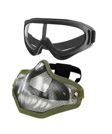 LAOSGE Airsoft Mask Mesh Half Face Skull Set with Goggles( 1 Pack BBS Included 80 PCS) Green