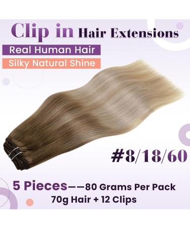 LAAVOO Ombre Balayage Clip-In Hair Extensions 40cm Real Hair Light Brown to Dark Ash Blonde & Platinum Blonde 70g/5pcs Remy Quality - Buy Online on SooperMarket.com