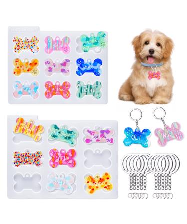 LET'S RESIN Pet Tag Resin Molds Silicone, Cat Dog Tag Molds for Epoxy Resin & UV Resin, Bone Shape Resin Keychain Molds with 10Pcs Key Ring & 10pcs Jump Ring, DIY Resin Keychain Pendant Charm Crafts
