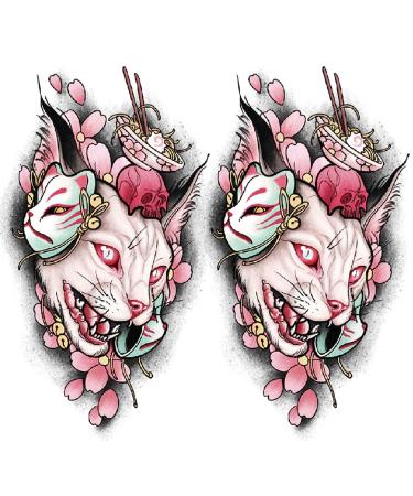 Oottati 2 Sheets Arm Thigh Leg Waterproof Temporary Tattoo Stickers Pink Japanese Mask Canadian Hairless Cat Skull suit for Leg Back Thigh